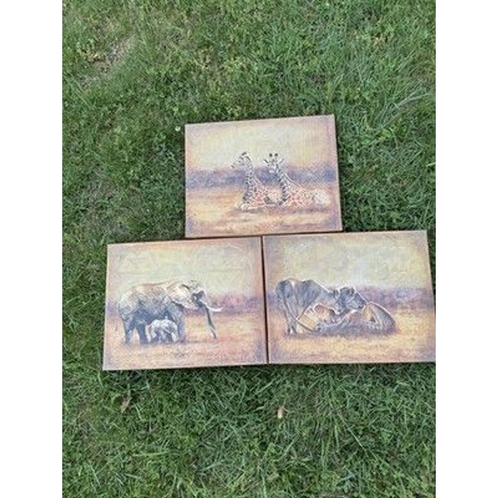African Animals Canvas Prints Set Of 3 Elephant Giraffe Lion Warm Earth Tones